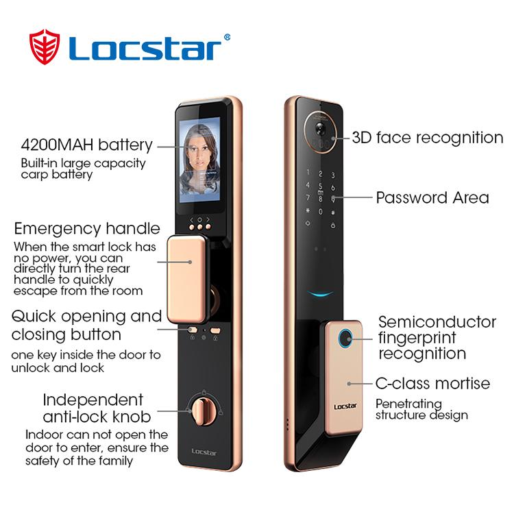 Wifi Tuya Golden Video 3d Face Recognition Finger Smart Door Lock